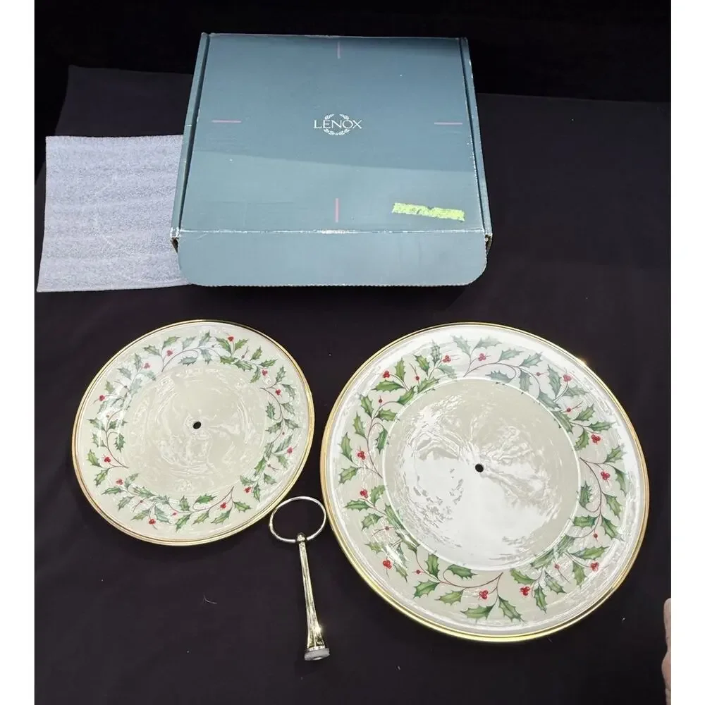 Lenox Holiday Two Tier Tidbit Dessert Stand Holly Pattern Complete Set In Box